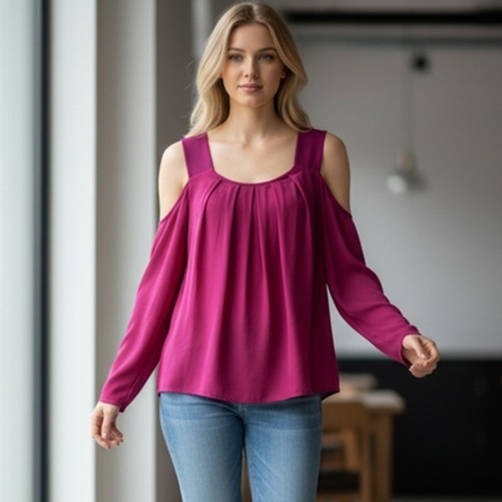 Ramy Brook Blouse Womens M Pink Scoop‎ Neck Cold Shoulder L/S Silk Chiffon